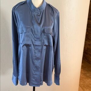 White House Black Market Slate Blue Long-Sleeve Satin Blouse